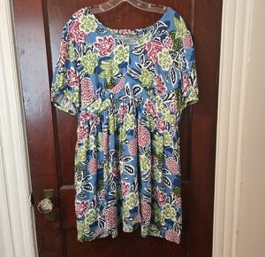 AnyBody Blue Floral Sundress Green Magenta Pattern Oversize Lightweight Stretchy